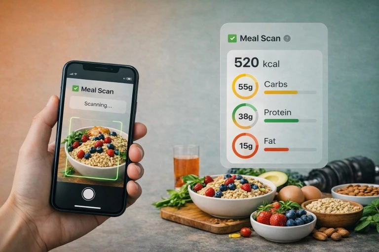 Phone scanning a healthy meal with macro breakdown