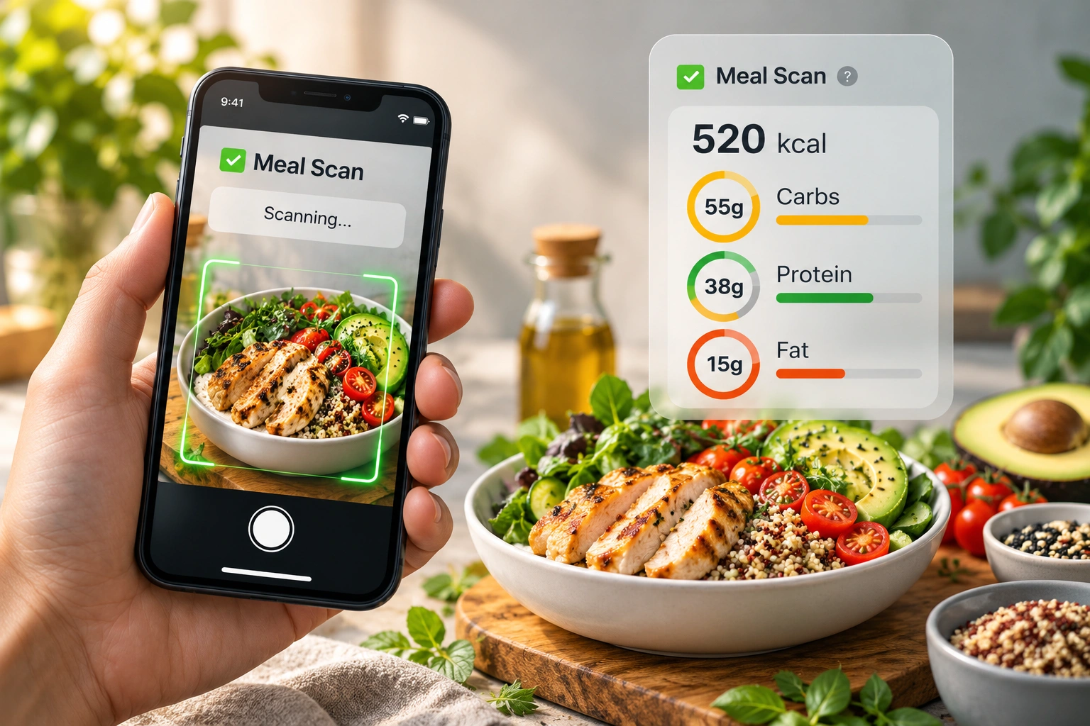 Phone scanning a healthy meal with macro breakdown
